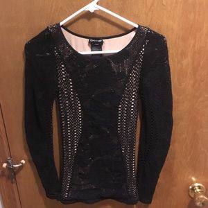 Bebe Black sweater, sheer lacy arms and nude lined